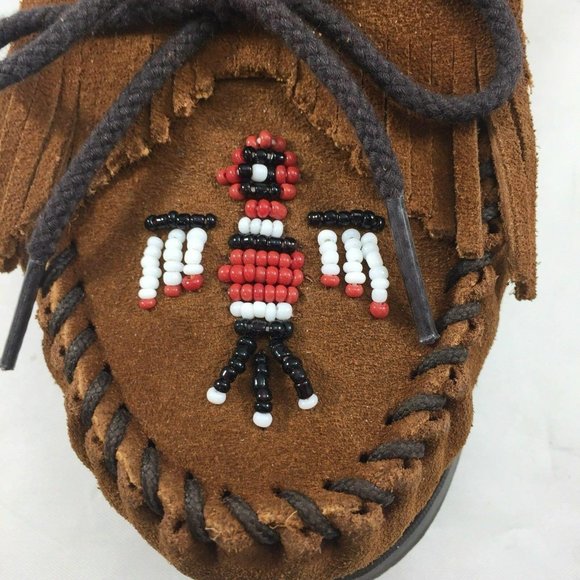 Minnetonka Leather Flats Moccasins Women 7.5 Beaded Brown Slip On Stitched Shoes - Picture 2 of 12